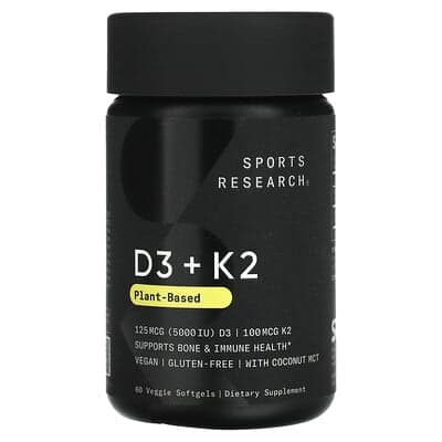Sports Research, D3 + K2, Origine végétale, 125 µg / 100 µg, 60 capsules végétariennes à enveloppe molle